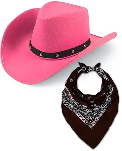 Cowboyhut & Bandana für Damen und Herren, Western-Wildleder, Panama-Hüte, Cowboy- & Cowgirl, Filz, breite Krempe, Wilder Westen, Faschingskostüm (rosa Hut + braunes Bandana) von Bella Dox