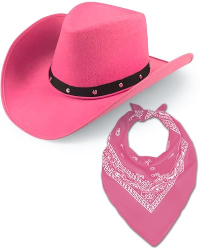 Cowboyhut & Bandana für Damen und Herren, Western-Wildleder, Panama-Hüte, Cowboy- & Cowgirl, Filz, breite Krempe, Wilder Westen, Faschingskostüm (rosa Hut + rosa Bandana) von Bella Dox