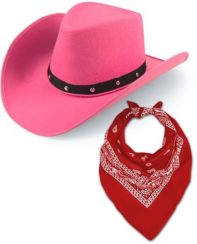 Cowboyhut & Bandana für Damen und Herren, Western-Wildleder, Panama-Hüte, Cowboy- & Cowgirl, Filz, breite Krempe, Wilder Westen, Faschingskostüm (rosa Hut + rotes Bandana) von Bella Dox