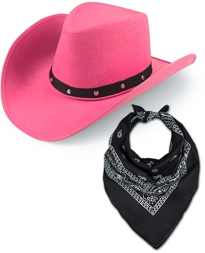 Cowboyhut & Bandana für Damen und Herren, Western-Wildleder, Panama-Hüte, Cowboy- & Cowgirl, Filz, breite Krempe, Wilder Westen, Faschingskostüm (rosa Hut + schwarzes Bandana) von Bella Dox