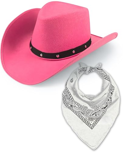 Cowboyhut & Bandana für Damen und Herren, Western-Wildleder, Panama-Hüte, Cowboy- & Cowgirl, Filz, breite Krempe, Wilder Westen, Faschingskostüm (rosa Hut + weißes Bandana) von Bella Dox