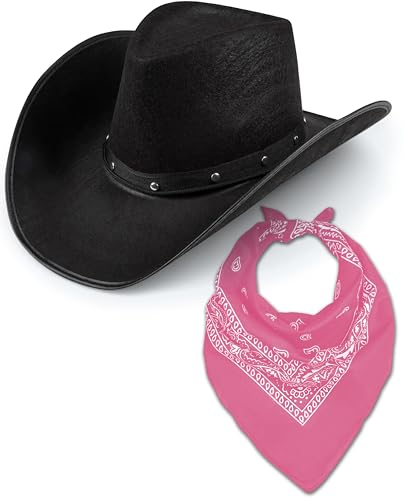 Cowboyhut & Bandana für Damen und Herren, Western-Wildleder, Panama-Hüte, Cowboy- & Cowgirl, Filz, breite Krempe, Wilder Westen, Faschingskostüm (schwarzer Hut + rosa Bandana) von Bella Dox