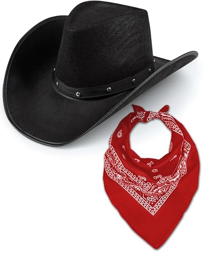 Cowboyhut & Bandana für Damen und Herren, Western-Wildleder, Panama-Hüte, Cowboy- & Cowgirl, Filz, breite Krempe, Wilder Westen, Faschingskostüm (schwarzer Hut + rotes Bandana) von Bella Dox