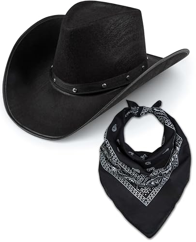 Cowboyhut & Bandana für Damen und Herren, Western-Wildleder, Panama-Hüte, Cowboy- & Cowgirl, Filz, breite Krempe, Wilder Westen, Faschingskostüm (schwarzer Hut + schwarzes Bandana) von Bella Dox