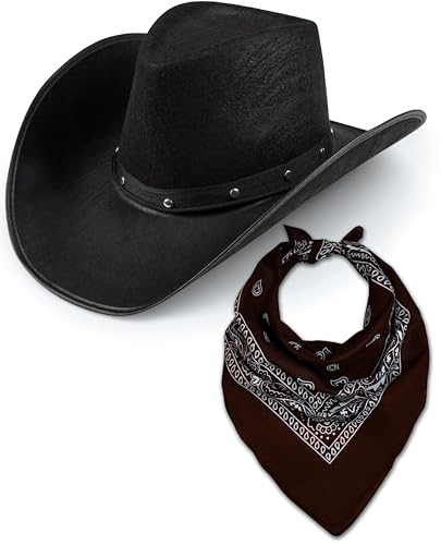 Cowboyhut & Bandana für Damen und Herren, Western-Wildleder, Panama-Hüte, Cowboy- & Cowgirl-Filz, breite Krempe, Wilder Westen, Faschingskostüm (schwarzer Hut + braunes Bandana) von Bella Dox