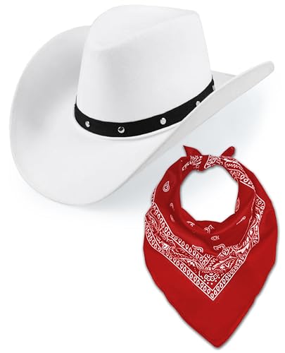 Cowboyhut & Bandana für Damen und Herren, Western-Wildleder, Panama-Hüte, Cowboy- & Cowgirl-Filz, breite Krempe, Wilder Westen, Faschingskostüm (weißer Hut + rotes Bandana) von Bella Dox