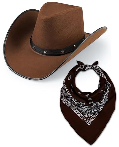 Cowboyhut & Bandana für Damen und Herren, Western Wildleder Panama Hüte Cowboy & Cowgirl Filz breite Krempe Wilder Westen Faschingskostüm (brauner Hut + braunes Bandana) von Bella Dox