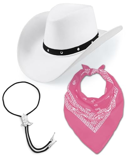 Damen Herren Retro Filz breite Krempe Western Sheriff Rodeo Cowboy Cowgirl weißer Hut + Paisley Bandana + Bootlace Krawatte (Rosa) von Bella Dox