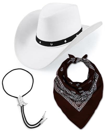 Damen Herren Retro Filz breite Krempe Western Sheriff Rodeo Cowboy Cowgirl weißer Hut + Paisley Bandana + Bootlace Krawatte (braun) von Bella Dox