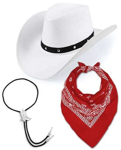 Damen Herren Retro Filz breite Krempe Western Sheriff Rodeo Cowboy Cowgirl weißer Hut + Paisley Bandana + Bootlace Krawatte (rot) von Bella Dox