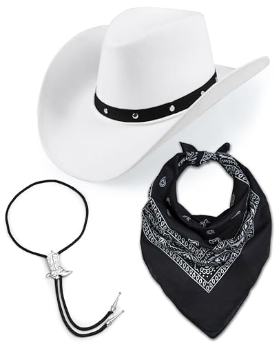 Damen Herren Retro Filz breite Krempe Western Sheriff Rodeo Cowboy Cowgirl weißer Hut + Paisley Bandana + Bootlace Krawatte (schwarz) von Bella Dox