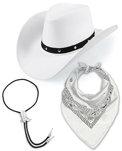 Damen Herren Retro Filz breite Krempe Western Sheriff Rodeo Cowboy Cowgirl weißer Hut + Paisley Bandana + Bootlace Krawatte (weiß) von Bella Dox