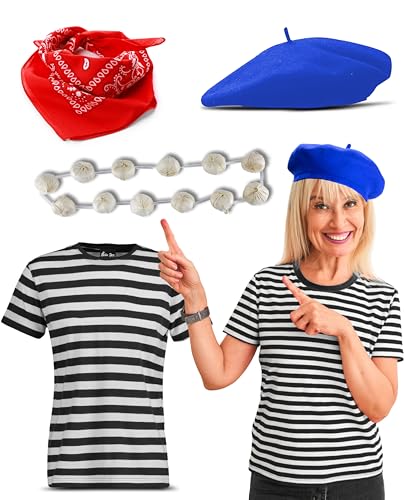 Damen-Kostüm, Zubehör-Set für französische Bastille, Baskenmütze + Schal + Girlande + gestreiftes T-Shirt für Damen, Halloween, Party, Buchwoche, Outfit (Blau, M) von Bella Dox