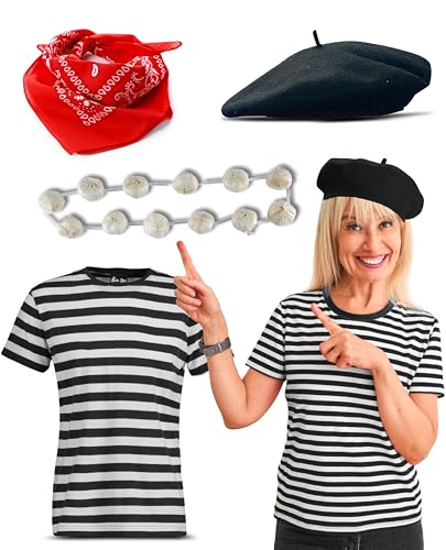 Damen-Kostüm, Zubehör-Set für französische Bastille, Baskenmütze + Schal + Girlande + gestreiftes T-Shirt für Damen, Halloween, Party, Buchwoche, Outfit (Schwarz, M) von Bella Dox