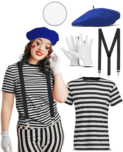 Französische Mime Künstler Kostüm für Damen - Frankreich Street Mime Joker Verkleidung - Baskenmütze + T-Shirt + Handschuhe + Hosenträger + Gesichtsfarbe (Blau, L) von Bella Dox