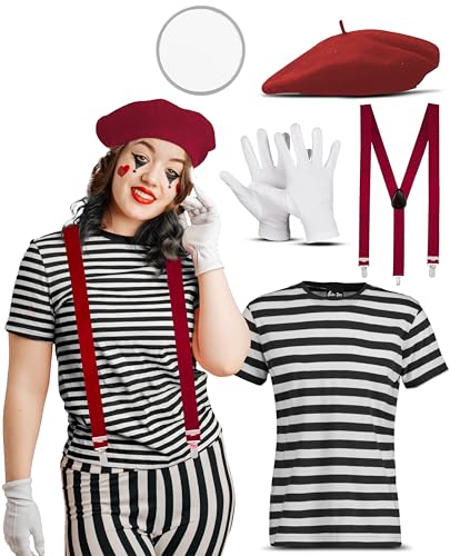 Französische Mime Künstler Kostüm für Damen - Frankreich Street Mime Joker Verkleidung - Baskenmütze + T-Shirt + Handschuhe + Hosenträger + Gesichtsfarbe (Rot, L) von Bella Dox