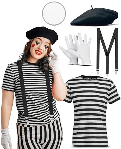 Französische Mime Künstler Kostüm für Damen - Frankreich Street Mime Joker Verkleidung - Baskenmütze + T-Shirt + Handschuhe + Hosenträger + Gesichtsfarbe (Schwarz, L) von Bella Dox