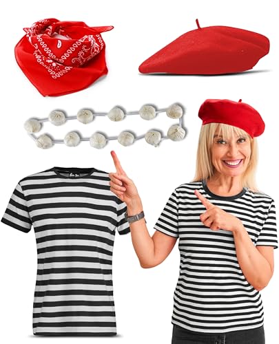 Frenchwomen Frenchwomen Bastille Day Fancy Dress Costume Accessories Set Frenchwomen Barett + Scarf + Garland + Stripe T-Shirt for Ladies Halloween Party Book Week Outfit (Red, L) von Bella Dox