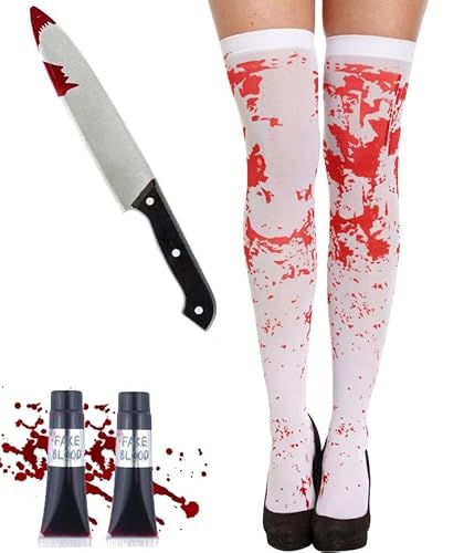 Halloween-Kostüm-Set für Damen, blutige Schuluniform, Zombie-Schulmädchen, Horror-Kostüm-Set, blutiger Strumpf + falsches Messer-Requisite + 2 x Kunstblut von Bella Dox