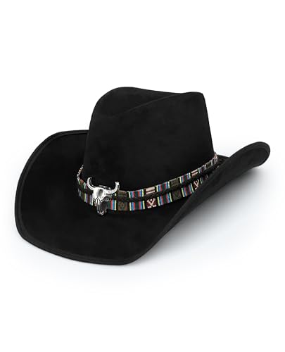 Herren Damen Western Cowboyhüte breite Krempe mit Stierkopf Retro Vintage Jazz Cowgirl Hut für Karneval Mottoparty Verkleidung (schwarz) von Bella Dox