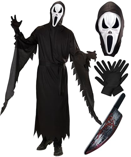 Herren Demon Screaming Ghost Scream Maske + Kapuze Robe + Gürtel + Handschuhe + Blutige Requisite für Halloween Cosplay Ghoul Gruseliges Faschingskostüm (STD) von Bella Dox