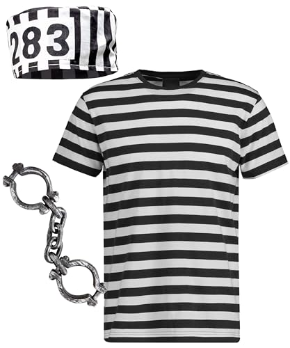 Herren Schwarz Weiß Gefangenen T-Shirt + Kappe + Schäkel Sträfling Gefängnis Gefangener Cop & Räuber Einbrecher Fasching Kostüm Outfit (L) von Bella Dox