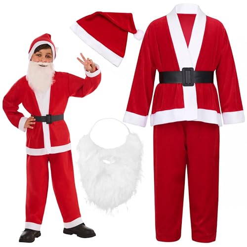 Kinder Weihnachtsmann Kostüm mit roter Nikolausmütze & Bart für Kinder 5-teiliges Weihnachtsmann Xmas Outfit Weihnachten Verkleidung für Jungen und Mädchen (3-4) von Bella Dox