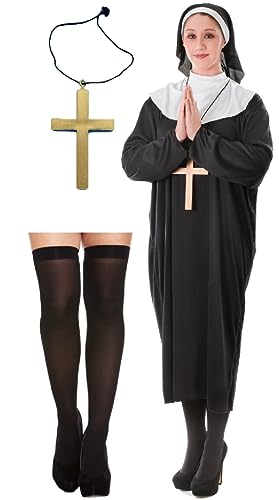 Religiöses Nonnenkostüm für Frauen – Kleid + Kopfteil + Mönchskreuz-Halskette + schwarzer Strumpf – Damen Nonne Halloween Cosplay Junggesellinnenabschied Mottoparty Verkleidung Größe 44-46 von Bella Dox