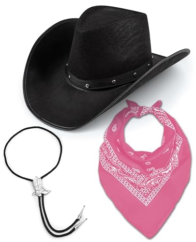 Texanischer Cowboy-Hut für Erwachsene, schwarzer Hut + Bootlace-Krawatte + Paisley-Bandana, Kostümzubehör, Wilder Westen, Sheriff, Country, Western Rancher (Rosa) von Bella Dox