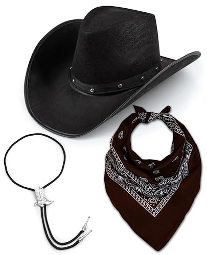 Texanischer Cowboy-Hut für Erwachsene, schwarzer Hut + Bootlace-Krawatte + Paisley-Bandana, Kostümzubehör, Wilder Westen, Sheriff, Country, Western Rancher (braun) von Bella Dox