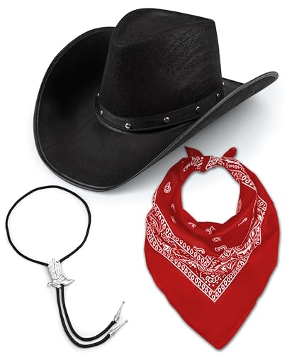 Texanischer Cowboy-Hut für Erwachsene, schwarzer Hut + Bootlace-Krawatte + Paisley-Bandana, Kostümzubehör, Wilder Westen, Sheriff, Country, Western Rancher (rot) von Bella Dox