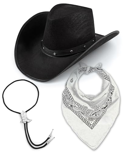 Texanischer Cowboy-Hut für Erwachsene, schwarzer Hut + Bootlace-Krawatte + Paisley-Bandana, Kostümzubehör, Wilder Westen, Sheriff, Country, Western Rancher (weiß) von Bella Dox