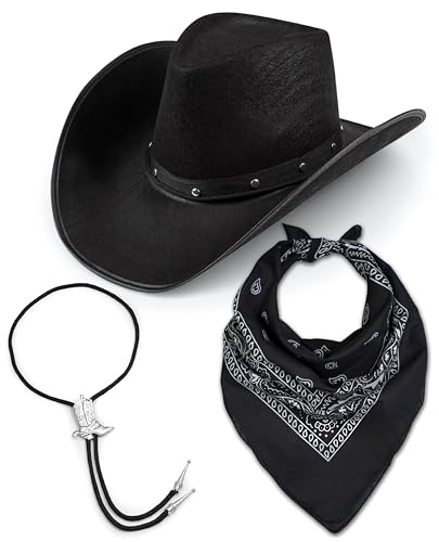 Texanischer Cowboy-Hut für Erwachsene, schwarzer Hut + Bootlace-Krawatte + Paisleymuster, Kostüm-Party-Accessoire, Wilder Westen, Sheriff, Country, Western Rancher (schwarz) von Bella Dox