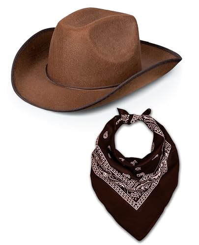 Western Rodeo Cowboyhut mit Paisley Bandana für Herren Damen Cowgirl Cowboy Ranger Sheriff Verkleidung Kostüm Zubehör Set (Brauner Hut + Braunes Bandana) von Bella Dox