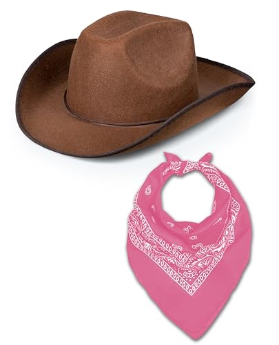 Western Rodeo Cowboyhut mit Paisley Bandana für Herren Damen Cowgirl Cowboy Ranger Sheriff Verkleidung Kostüm Zubehör Set (Brauner Hut + Rosa Bandana) von Bella Dox