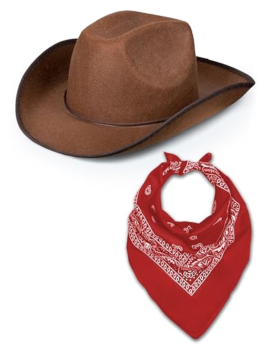 Western Rodeo Cowboyhut mit Paisley Bandana für Herren Damen Cowgirl Cowboy Ranger Sheriff Verkleidung Kostüm Zubehör Set (Brauner Hut + Rotes Bandana) von Bella Dox