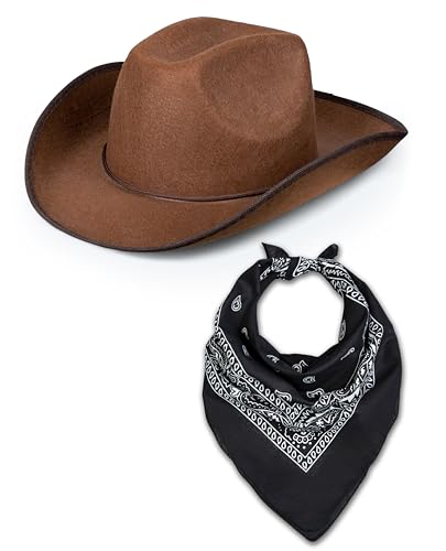 Western Rodeo Cowboyhut mit Paisley Bandana für Herren Damen Cowgirl Cowboy Ranger Sheriff Verkleidung Kostüm Zubehör Set (Brauner Hut + Schwarzes Bandana) von Bella Dox