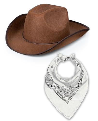 Western Rodeo Cowboyhut mit Paisley Bandana für Herren Damen Cowgirl Cowboy Ranger Sheriff Verkleidung Kostüm Zubehör Set (Brauner Hut + Weißes Bandana) von Bella Dox