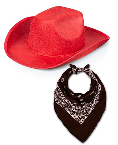 Western Rodeo Cowboyhut mit Paisley Bandana für Herren Damen Cowgirl Cowboy Ranger Sheriff Verkleidung Kostüm Zubehör Set (Roter Hut + Braunes Bandana) von Bella Dox