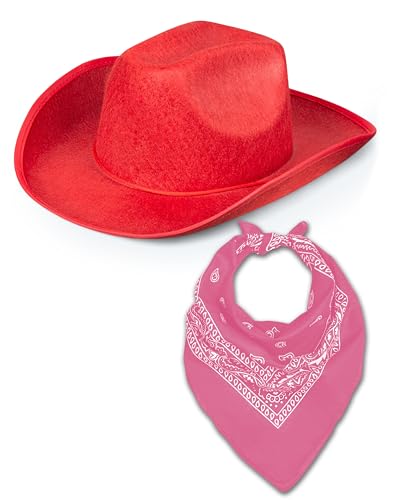 Western Rodeo Cowboyhut mit Paisley Bandana für Herren Damen Cowgirl Cowboy Ranger Sheriff Verkleidung Kostüm Zubehör Set (Roter Hut + Rosa Bandana) von Bella Dox