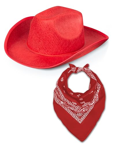 Western Rodeo Cowboyhut mit Paisley Bandana für Herren Damen Cowgirl Cowboy Ranger Sheriff Verkleidung Kostüm Zubehör Set (Roter Hut + Rotes Bandana) von Bella Dox