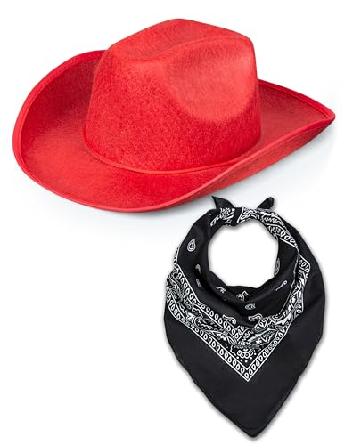 Western Rodeo Cowboyhut mit Paisley Bandana für Herren Damen Cowgirl Cowboy Ranger Sheriff Verkleidung Kostüm Zubehör Set (Roter Hut + Schwarzes Bandana) von Bella Dox