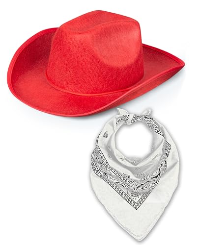 Western Rodeo Cowboyhut mit Paisley Bandana für Herren Damen Cowgirl Cowboy Ranger Sheriff Verkleidung Kostüm Zubehör Set (Roter Hut + Weißes Bandana) von Bella Dox