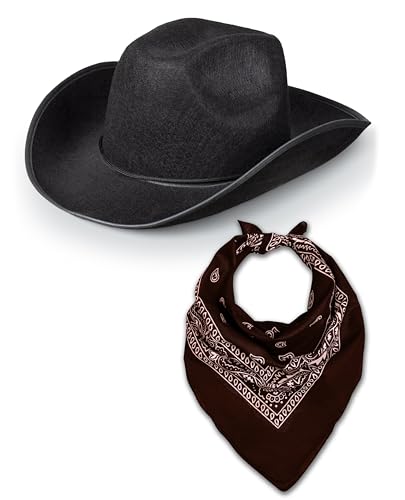 Western Rodeo Cowboyhut mit Paisley Bandana für Herren Damen Cowgirl Cowboy Ranger Sheriff Verkleidung Kostüm Zubehör Set (schwarzer Hut + braunes Bandana) von Bella Dox