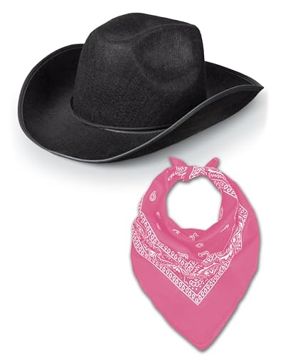 Western Rodeo Cowboyhut mit Paisley Bandana für Herren Damen Cowgirl Cowboy Ranger Sheriff Verkleidung Kostüm Zubehör Set (schwarzer Hut + rosa Bandana) von Bella Dox