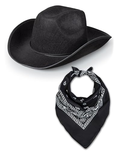 Western Rodeo Cowboyhut mit Paisley Bandana für Herren Damen Cowgirl Cowboy Ranger Sheriff Verkleidung Kostüm Zubehör Set (schwarzer Hut + schwarzes Bandana) von Bella Dox