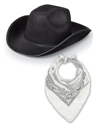 Western Rodeo Cowboyhut mit Paisley Bandana für Herren Damen Cowgirl Cowboy Ranger Sheriff Verkleidung Kostüm Zubehör Set (schwarzer Hut + weißes Bandana) von Bella Dox