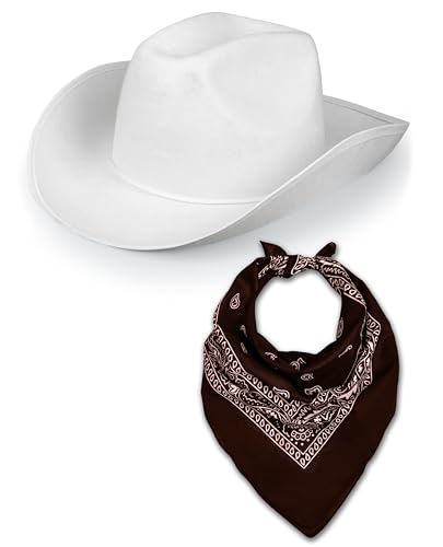 Western Rodeo Cowboyhut mit Paisley Bandana für Herren Damen Cowgirl Cowboy Ranger Sheriff Verkleidung Kostüm Zubehör Set (weißer Hut + braunes Bandana) von Bella Dox