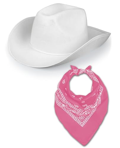 Western Rodeo Cowboyhut mit Paisley Bandana für Herren Damen Cowgirl Cowboy Ranger Sheriff Verkleidung Kostüm Zubehör Set (weißer Hut + rosa Bandana) von Bella Dox