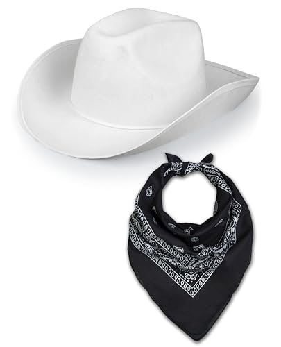 Western Rodeo Cowboyhut mit Paisley Bandana für Herren Damen Cowgirl Cowboy Ranger Sheriff Verkleidung Kostüm Zubehör Set (weißer Hut + schwarzes Bandana) von Bella Dox